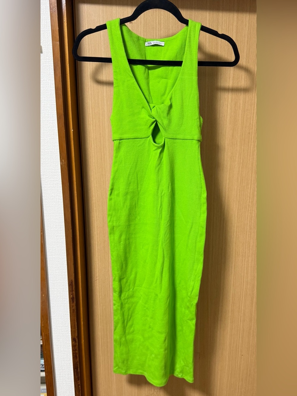 Zara Neon Green Twist-Front Midi Dress